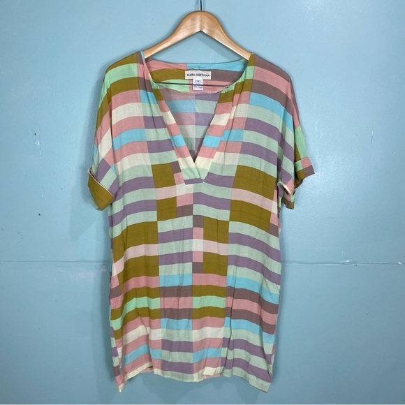 Mara Hoffman Pastel Flag Stripe Dress Mini‎ Kaftan Short Sleeve Pastel Sz M - Picture 2 of 6